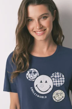 Women'secret Pijamas-Pijama Capri Smiley 100% algodão azul