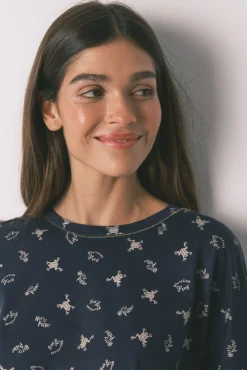 Women'secret Pijamas-Pijama comprido 100% algodão estampado sapinhos azul