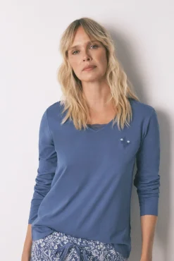 Women'secret Pijamas-Pijama comprido 100% algodão com estampa floral azul