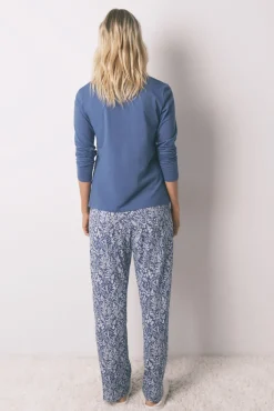 Women'secret Pijamas-Pijama comprido 100% algodão com estampa floral azul