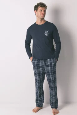 Women'secret Pijamas-Pijama comprido, 100% algodão, xadrez cinzento