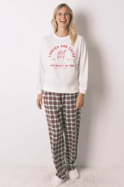 Women'secret Pijamas-Pijama comprido 100% algodão xadrez bege