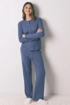 Women'secret Pijamas-Pijama comprido canalé com efeito brilho azul