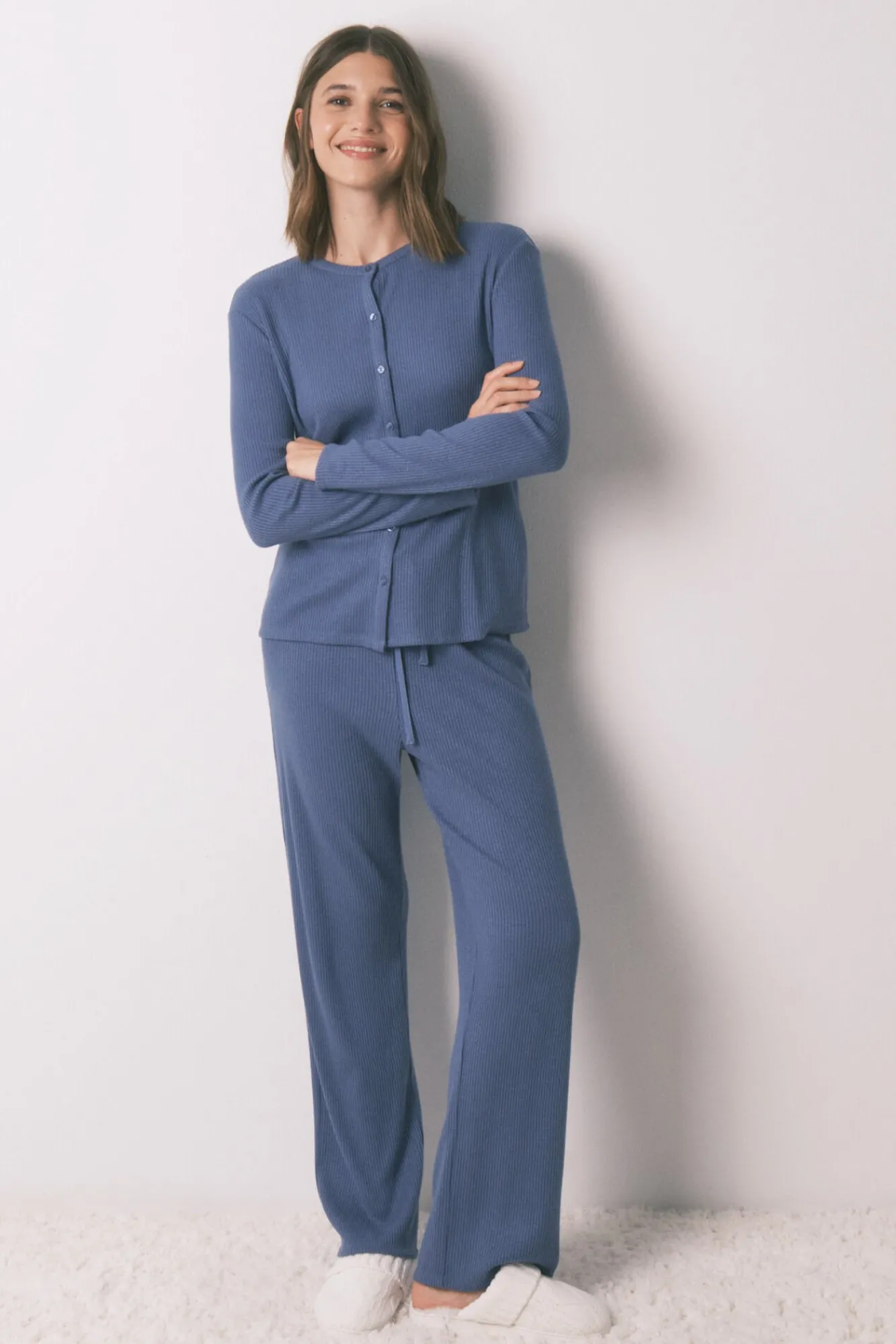 Women'secret Pijamas-Pijama comprido canalé com efeito brilho azul