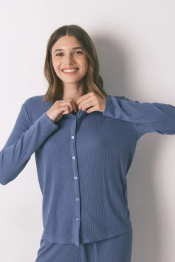 Women'secret Pijamas-Pijama comprido canalé com efeito brilho azul