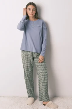 Women'secret Pijamas-Pijama comprido com calças e estampado xadrez azul