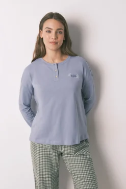 Women'secret Pijamas-Pijama comprido com calças e estampado xadrez azul