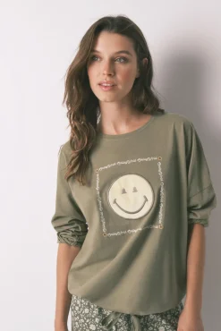 Women'secret Pijamas-Pijama comprido cáqui Smiley 100% algodão bege