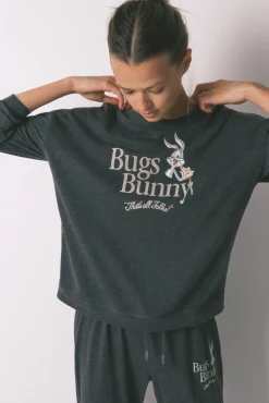 Women'secret Pijamas-Pijama comprido de algodão cinza Bugs Bunny cinzento