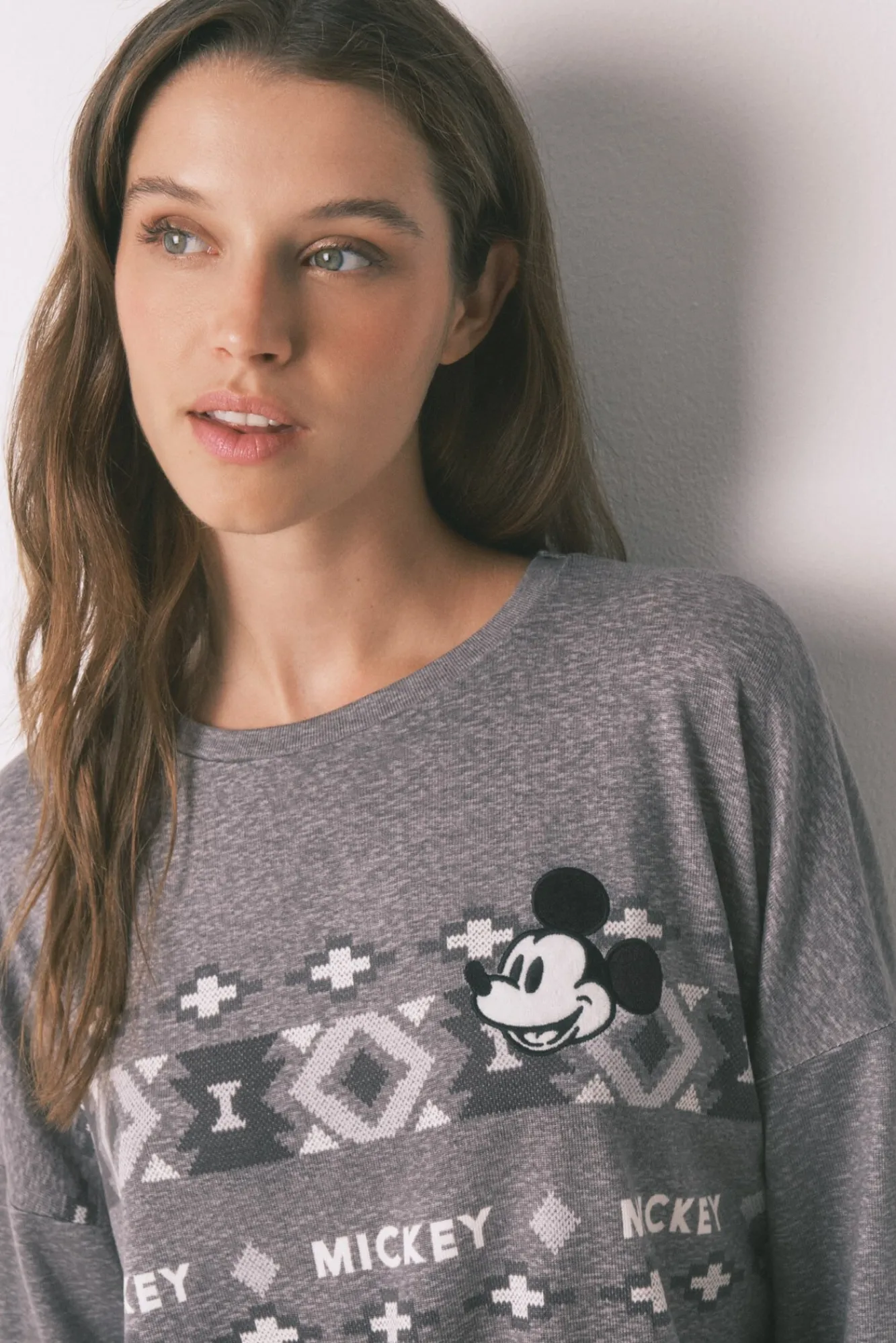 Women'secret Pijamas-Pijama comprido de malha malha Mickey cinzento