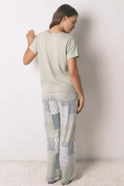 Women'secret Pijamas-Pijama comprido de mangas curtas patchwork super macio verde