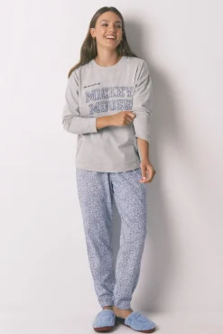 Women'secret Pijamas-Pijama comprido em algodão da Mickey cinza cinzento