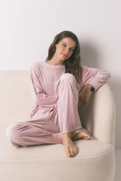 Women'secret Pijamas-Pijama comprido em veludo suave rosa