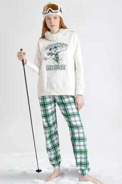 Admas Pijamas-Pijama comprido felpa xadrez 100% algodão Ski Mickey bege