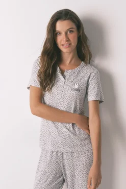 Women'secret Pijamas-Pijama comprido longo de manga curta com estampado animal da Miffy cinzento