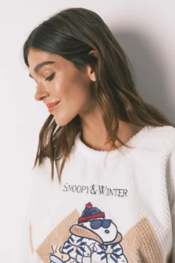 Women'secret Pijamas-Pijama comprido mousse polar do Snoopy bege