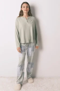 Women'secret Pijamas-Pijama comprido patchwork super macio verde