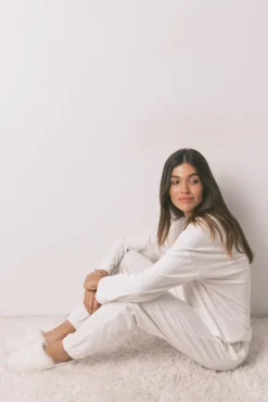 Women'secret Pijamas-Pijama comprido polar estampado riscas lurex bege