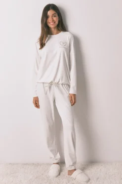Women'secret Pijamas-Pijama comprido polar estampado riscas lurex bege