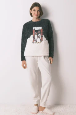 Women'secret Pijamas-Pijama comprido polar pelo macio bordado Pingu cinzento
