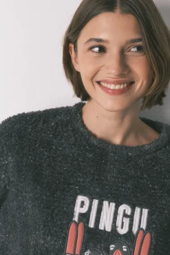 Women'secret Pijamas-Pijama comprido polar pelo macio bordado Pingu cinzento