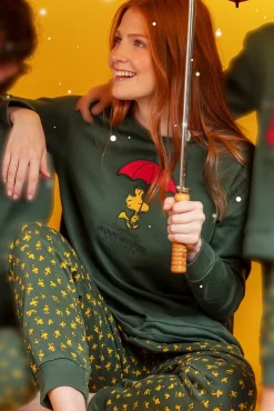 Admas Pijamas-Pijama comprido Snoopy 100% algodão para mulher verde