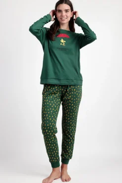 Admas Pijamas-Pijama comprido Snoopy 100% algodão para mulher verde