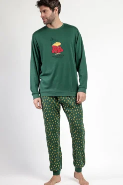 Admas Pijamas-Pijama comprido Snoopy 100% algodão para homem verde