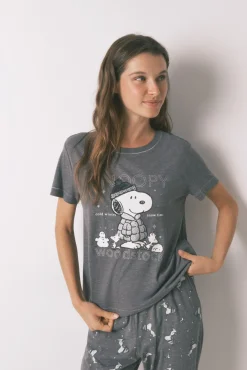 Women'secret Pijamas-Pijama comprido Snoopy 100% algodão manga longa e curta cinzento