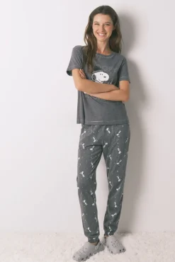Women'secret Pijamas-Pijama comprido Snoopy 100% algodão manga longa e curta cinzento