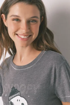Women'secret Pijamas-Pijama comprido Snoopy 100% algodão manga longa e curta cinzento