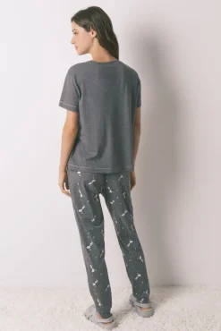 Women'secret Pijamas-Pijama comprido Snoopy 100% algodão manga longa e curta cinzento