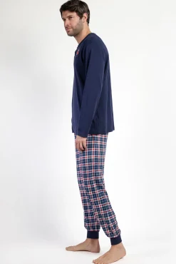 Admas Pijamas-Pijama comprido Snoopy xadrez 100% algodão azul