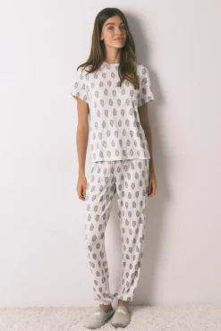 Women'secret Pijamas-Pijama comprido super macio com mangas curtas e flores branco