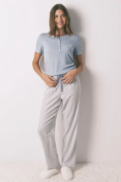 Women'secret Pijamas-Pijama comprido xadrez efeito brilho azul