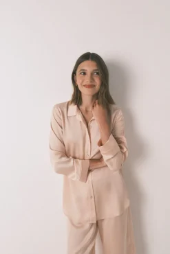 Women'secret Pijamas-Pijama comprimida de strass em satin laranja vermelho