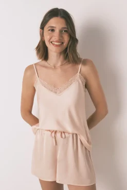 Women'secret Pijamas-Pijama curto de cetim com renda rosa