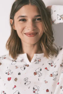 Women'secret Pijamas-Pijama longo 100% algodão branco Snoopy bege