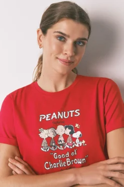 Women'secret Pijamas-Pijama longo 100% algodão estampado xadrez Snoopy vermelho