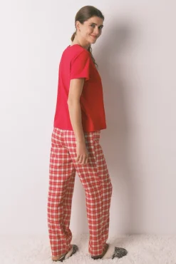 Women'secret Pijamas-Pijama longo 100% algodão estampado xadrez Snoopy vermelho