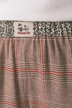 Women'secret Pijamas-Pijama longo 100% algodão estampado xadrez Snoopy bege