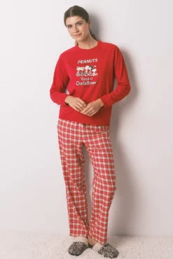 Women'secret Pijamas-Pijama longo 100% algodão estampado xadrez Snoopy vermelho