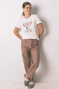 Women'secret Pijamas-Pijama longo 100% algodão estampado xadrez Snoopy bege