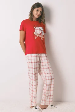Women'secret Pijamas-Pijama longo 100% algodão xadrez Snoopy vermelho