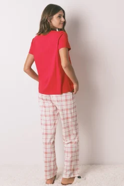 Women'secret Pijamas-Pijama longo 100% algodão xadrez Snoopy vermelho