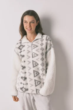 Women'secret Pijamas-Pijama longo de borrego e pijama comprido de polar estampado cinzento