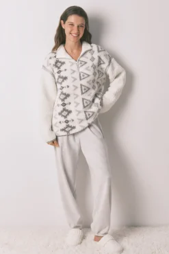 Women'secret Pijamas-Pijama longo de borrego e pijama comprido de polar estampado cinzento