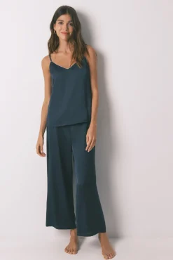 Women'secret Pijamas-Pijama longo de cetim azul