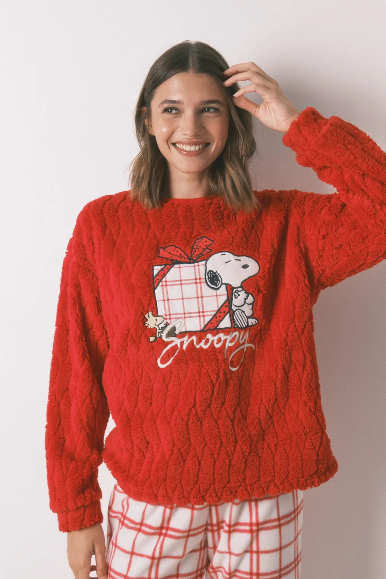 Women'secret Pijamas-Pijama longo de lã xadrez Snoopy vermelho