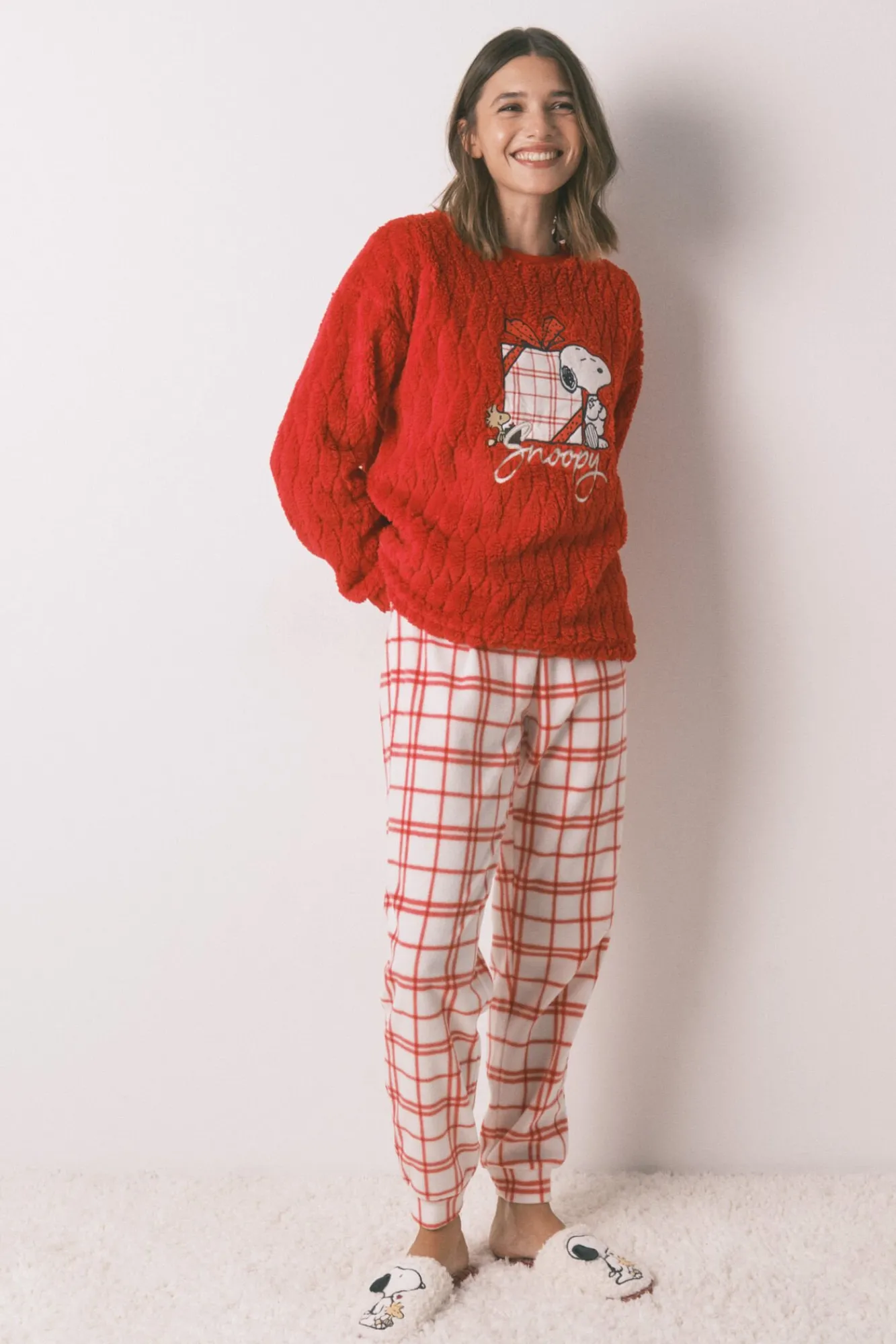 Women'secret Pijamas-Pijama longo de lã xadrez Snoopy vermelho